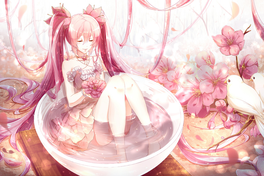 absurdly_long_hair bird cherry_blossoms closed_eyes commentary_request cup dress female flower food hair_flower hair_ornament hatsune_miku in_food long_hair mini_person minigirl partially_submerged phino pink_hair sakura_miku sitting solo strapless strapless_dress tea teacup twintails very_long_hair vocaloid