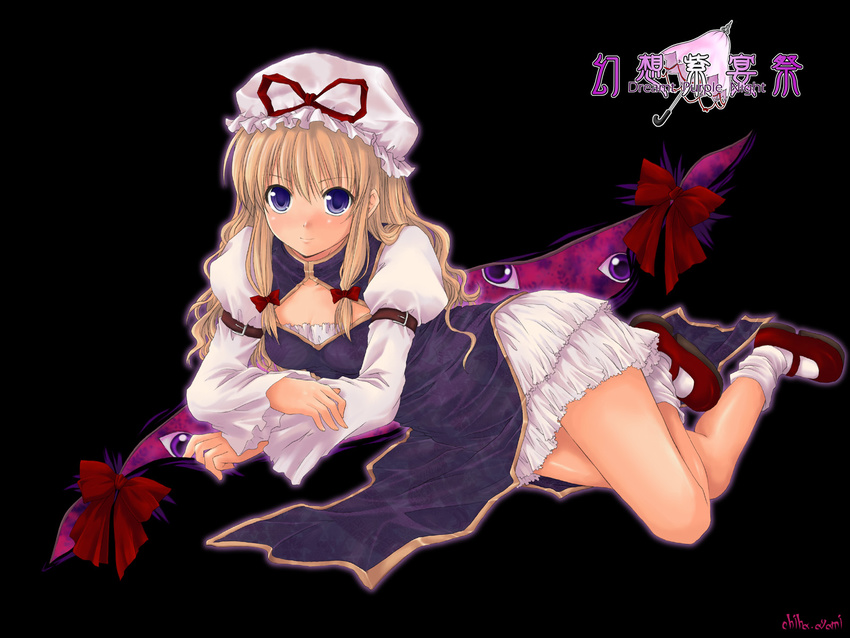 ayami_chiha blonde_hair cleavage_cutout clothing_cutout dress female gap_(touhou) hat highres long_hair lying mary_janes on_side purple_eyes shoes solo touhou yakumo_yukari