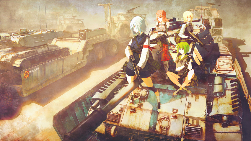 blonde_hair blue_hair combat_vehicle gloves green_hair group gun hat long_hair military orange_hair original robce_lee short_hair skirt weapon