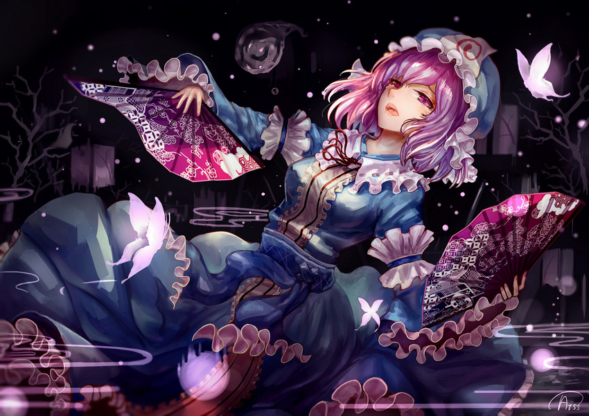 butterfly fan hat japanese_clothes kiyomasa_ren pink_eyes pink_hair saigyouji_yuyuko signed touhou