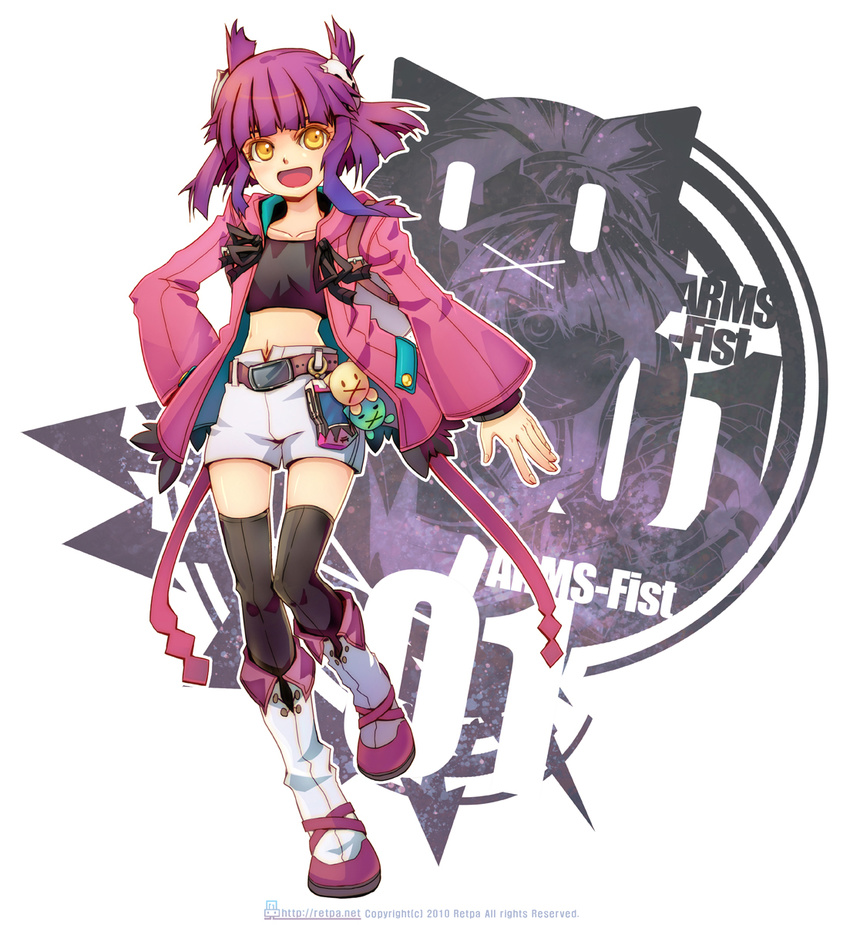 :d :x belt black_thighhighs boots coat commentary_request crop_top female full_body hand_on_own_hip happy highres knee_boots midriff navel open_mouth original photoshop_(medium) purple_hair retpa short_hair shorts sidelocks smile solo thighhighs thighhighs_under_boots white_shorts yellow_eyes