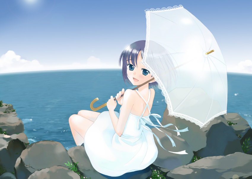 :d beach blue_eyes blue_hair day dress female highres kazuto_izumi looking_back ocean open_mouth original outdoors parasol photoshop_(medium) rock short_hair sitting sky smile solo sundress transparent transparent_umbrella umbrella water white_dress