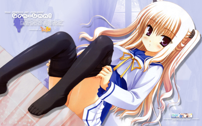 blonde_hair blush bra-ban! clothes_pull dressing english_text engrish_text feet female hibarigaoka_yuki highres legs long_hair mole mole_under_eye muririn no_shoes pantyhose pantyhose_pull photoshop_(medium) purple_eyes ranguage school_uniform serafuku sitting solo twintails undressing