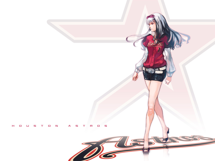 bad_id bad_pixiv_id baseball belt denim denim_skirt ekao female grey_hair high_heels houston_astros idolmaster idolmaster_(classic) legs long_hair major_league_baseball miniskirt pencil_skirt photoshop_(medium) red_eyes shijou_takane shoes skirt solo sunglasses united_states walking