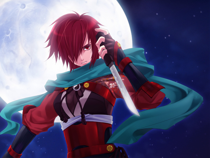 armor commentary_request female full_moon hair_over_one_eye highres knife meiko_(vocaloid) moon natsu_(pixiv312174) painttool_sai_(medium) red_eyes red_hair scarf solo vocaloid