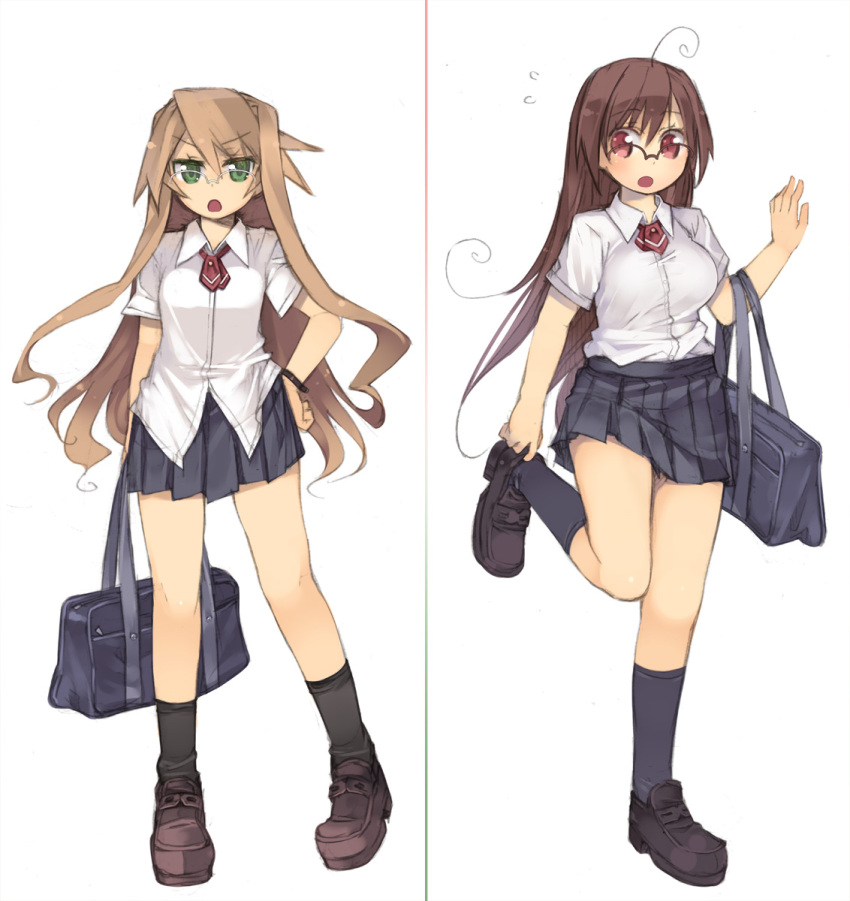 2girls :o ahoge arima_senka arima_senne bad_id bad_pixiv_id bag black_socks blonde_hair brown_hair glasses green_eyes hand_on_own_hip highres kashiwamochi_yomogi long_hair multiple_girls necktie original photoshop_(medium) red_eyes school_bag school_uniform shoes shoulder_bag siblings sisters socks