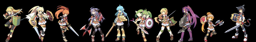 1boy 6+girls axe bahamut_(totomono) celestia_(totomono) diablos_(totomono) elf_(totomono) fairy_(totomono) felpurr gnome_(totomono) highres human_(totomono) ken_to_mahou_to_gakuen_mono ken_to_mahou_to_gakuen_mono_2 khulaz long_hair multiple_girls official_art shield sword thighhighs weapon wide_image