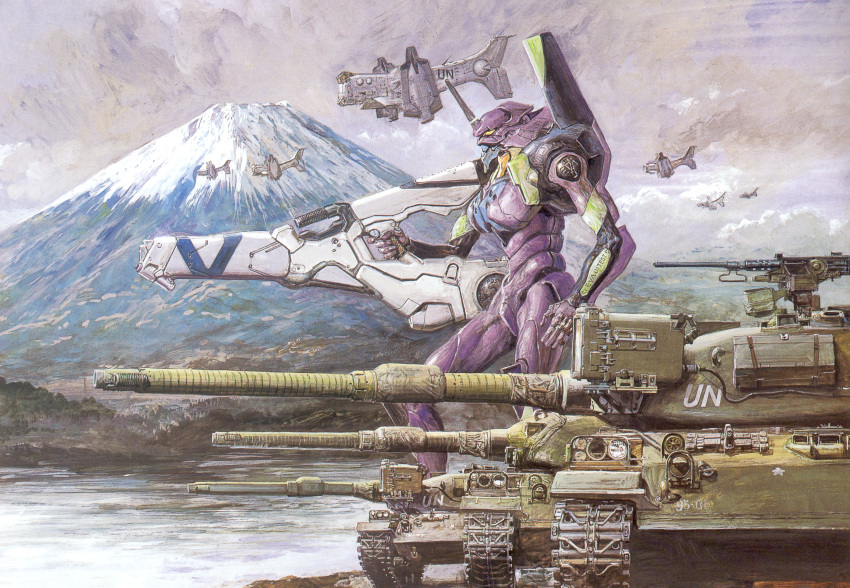 1other absurdres aircraft airplane armor browning_m2 cannon caterpillar_tracks cloud cloudy_sky cockpit crossover day engine eva_01 evangelion_(mecha) fighter_jet flying gun gunship heavy_machine_gun highres holding holding_cannon holding_gun holding_weapon horns jet jet_engine machine_gun mecha military military_vehicle motor_vehicle mount_fuji mountain neon_genesis_evangelion official_art outdoors positron_cannon purple_armor robot scan science_fiction single_horn sky source_request takani_yoshiyuki tank tank_turret thrusters turret type_74_(tank) un_heavy_fighter_jet_(evangelion) vehicle_focus vtol weapon yellow_eyes