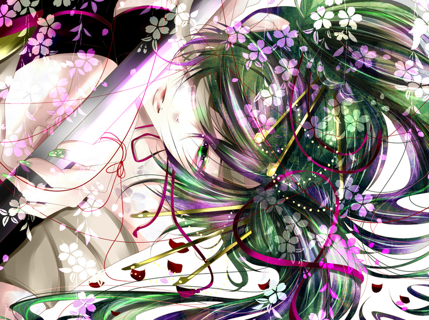 bad_id bad_pixiv_id bandages female flower green_eyes green_hair hatsune_miku japanese_clothes kimono knife knife_(vocaloid) koyama611723 long_hair moonlight_butterfly_(module) nail_polish project_diva_(series) ribbon solo sword twintails vocaloid weapon