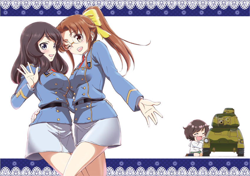 3girls akiyama_yukari arm_around_waist belt blue_eyes blush border bow brown_hair cavalry_tank closed_eyes commentary_request cover cover_page doujin_cover drooling eclair_(girls_und_panzer) fondue_(girls_und_panzer) france girls_und_panzer girls_und_panzer_gekitou!_maginot-sen_desu!! glasses hairbow hug long_hair maginot_military_uniform military military_uniform military_vehicle motor_vehicle multiple_girls necktie one_eye_closed open_mouth ponytail s35 saitaniya_ryouichi school_uniform short_hair simple_background skirt smile tank uniform waist_hug white_background