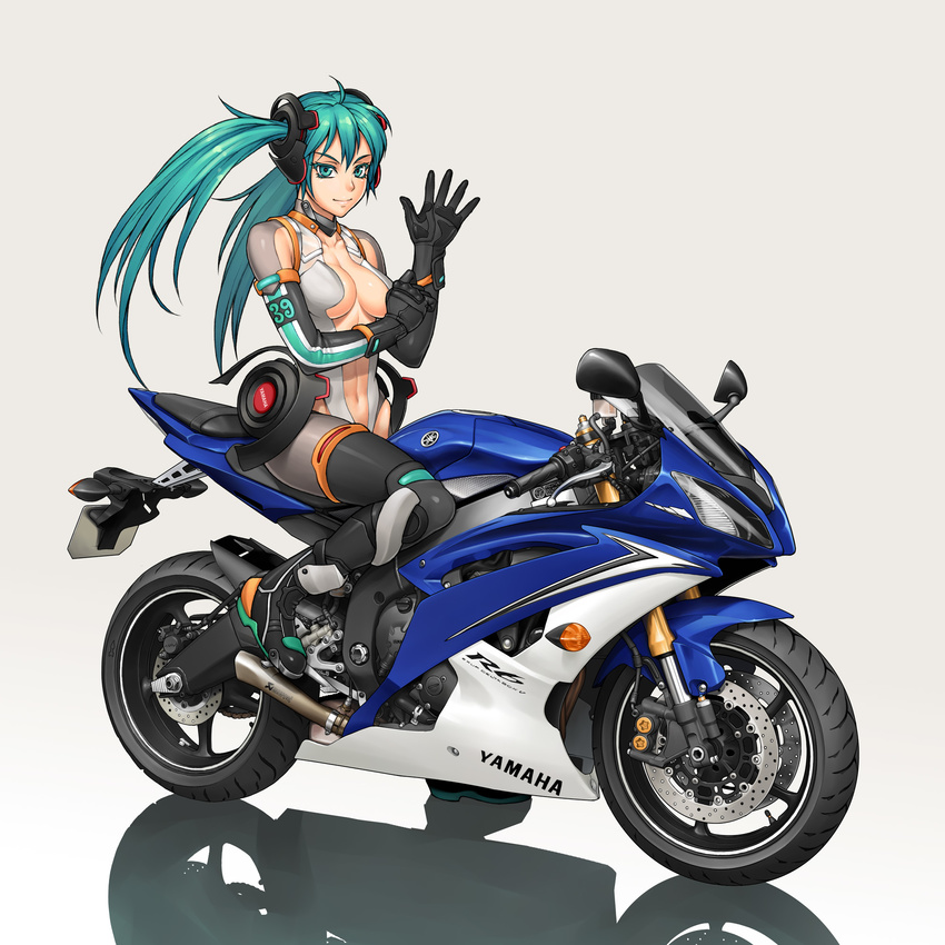 39 abs alternate_costume bang-you bodysuit breasts center_opening commentary_request company_connection dressing female gloves green_hair hatsune_miku hatsune_miku_(append) highres long_hair medium_breasts motor_vehicle motorcycle on_motorcycle smile solo twintails vocaloid vocaloid_append yamaha