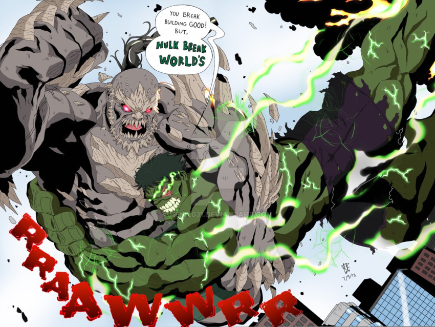 battle black_hair blood blue_sky city commentary crossover dc_comics doomsday_(dc) english english_commentary giant glowing glowing_eyes green_eyes green_skin grey_skin henil031 hulk male_focus marvel monster multiple_boys muscle non-anime_related red_eyes sky speech_bubble spikes western_comics