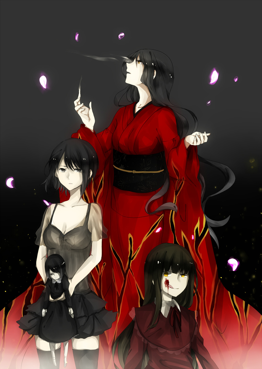 3girls asou_misaki bad_id bad_pixiv_id black_eyes black_hair black_legwear blood blush cherry_blossoms doll dress fatal_frame fatal_frame_4 ghost haibara_ayako haibara_sakuya highres japanese_clothes kimono kurozatou_owata long_hair miya_(fatal_frame) multiple_girls obi petals sash thighhighs yellow_eyes