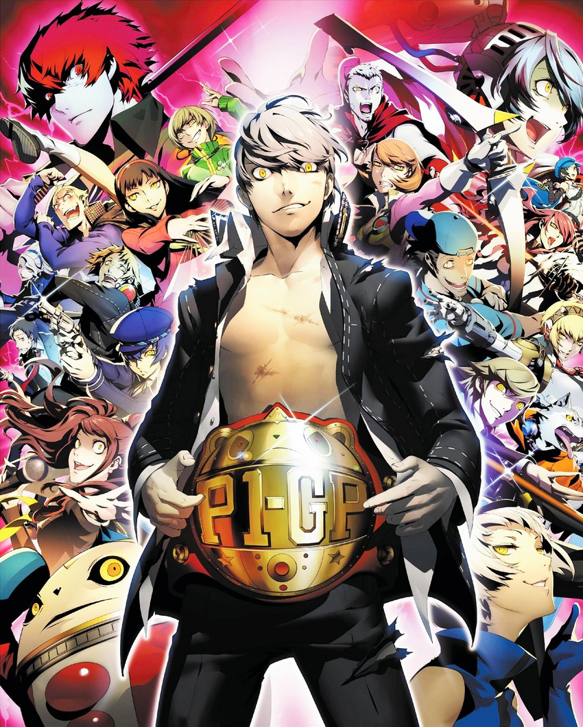 abs adachi_tooru amada_ken amagi_yukiko android bow_(weapon) box_art canine championship_belt crazy_eyes dark_persona elizabeth_(persona) everyone evil_grin evil_smile fighting_pose grin gun hanamura_yousuke hat headphones houndstooth iori_junpei jacket kirijou_mitsuru koromaru kuma_(persona_4) kunai labrys lapel_pin logo looking_at_viewer margaret marie_(persona_4) megami_tensei microphone minazuki_sho multiple_boys multiple_girls narukami_yuu official_art open_clothes open_jacket open_mouth persona persona_3 persona_4 persona_4:_the_ultimate_in_mayonaka_arena persona_4:_the_ultimax_ultra_suplex_hold robot_joints sanada_akihiko satonaka_chie school_uniform shadow_(persona) shin_megami_tensei shirogane_naoto smile sword tatsumi_kanji torn_clothes very_short_hair weapon yellow_eyes yukari_takeba