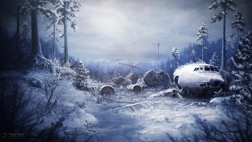 aircraft airplane cloud cloudy_sky commentary_request concept_art conifer debris forest highres ilyushin_il-76 mountain nature no_humans outdoors ruins russia russia.2028 scenery sky snow tree wreckage yu-kun