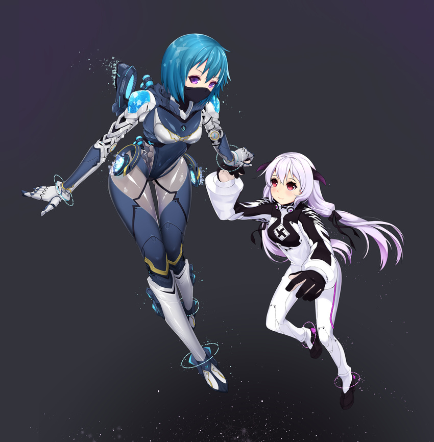 2girls absurdres alpha_(acerailgun) android armor bad_id bad_pixiv_id blue_hair bodysuit borrowed_character breasts cecilia_(acerailgun) clothes_writing floating floating_object gloves grey_background highres holding_hands hologram horns hoshi_usagi large_breasts light_particles light_purple_hair long_hair looking_at_viewer looking_up mask multiple_girls original purple_eyes red_eyes shiny_clothes short_hair simple_background small_breasts smile space spacesuit thrusters twintails zero_gravity