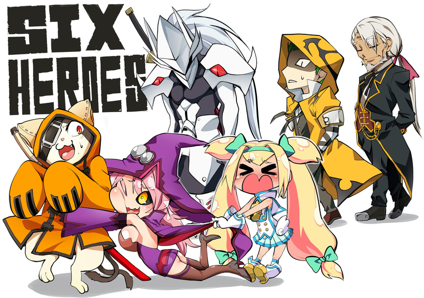 >_< 2girls 4boys arc_system_works armor ass bare_shoulders black_sclera blazblue blonde_hair blush boots breasts cape cape_pull chibi closed_eyes detached_sleeves dress eyepatch facial_hair feline gloves green_hair hair_ribbon hairband hakumen hat high_heels hood hug jubei_(blazblue) konoe_a_mercury large_breasts long_hair mask multiple_boys multiple_girls oerba_yun_fang one_eye_closed open_mouth orange_eyes phantom_(blazblue) pink_hair platinum_the_trinity ponytail quad_tails ribbon sheathed shiny shiny_hair shiny_skin short_dress short_hair sideboob silver_hair skirt smile suit sweatdrop sword tamuhime thighhighs valkenhayn_r_hellsing very_long_hair weapon yellow_eyes yuuki_terumi