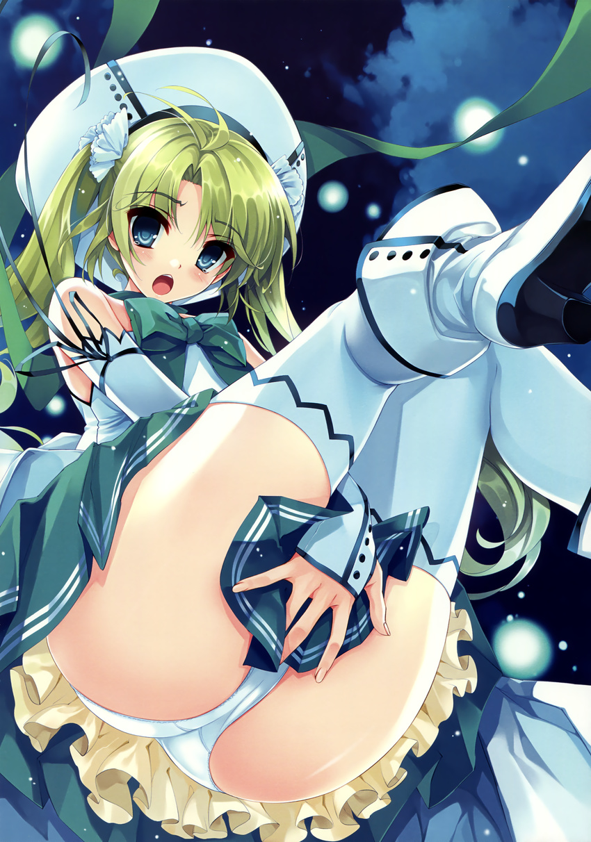 :o absurdres ass bare_shoulders blue_eyes blush boots bow cloud comic_aun covering_crotch covering_privates detached_sleeves female from_below green_hair hat high_heels highres misaki_kurehito night night_sky open_mouth panties pleated_skirt scan shoe_soles shoes skirt sky solo tears thighhighs thighs twintails underwear white_panties white_thighhighs