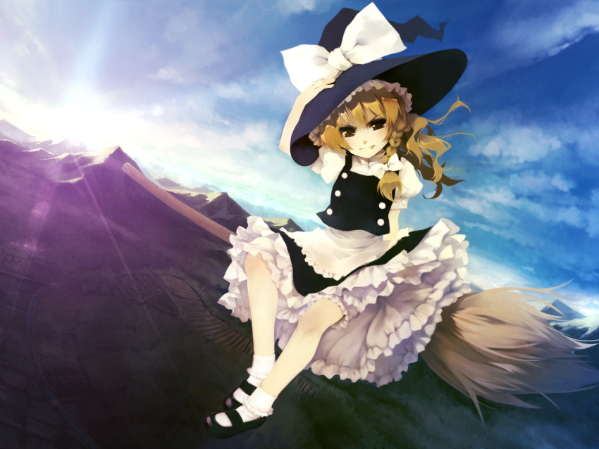 blonde_hair braid broom broom_riding chinchickrin cloud commentary_request day dutch_angle female grin hand_on_headwear hat hat_ribbon kirisame_marisa looking_at_viewer mary_janes mountain outdoors partial_commentary photoshop_(medium) ribbon shoes short_hair side_braid sidesaddle sky smile socks solo sun sunlight touhou witch witch_hat