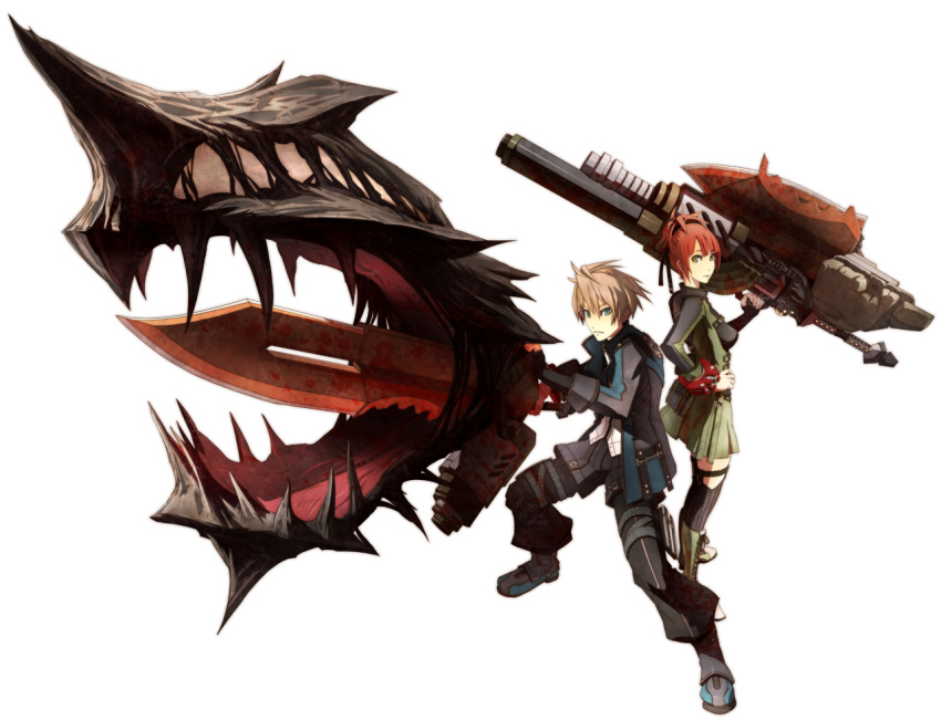 1boy artist_request blue_eyes brown_hair coat female god_eater god_eater_burst gun kannagi_yuu_(god_eater) official_art player_(god_eater_burst) red_hair skirt sword weapon