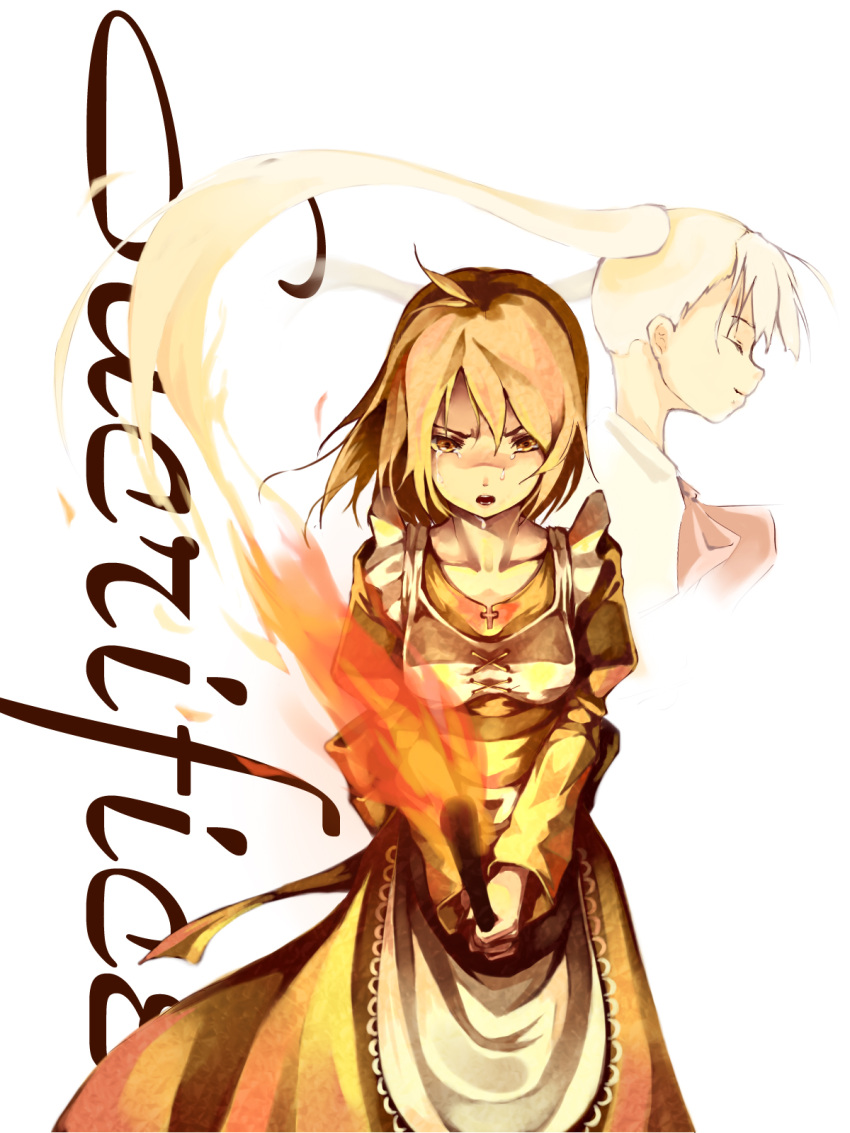 2girls ahoge brown_eyes brown_hair commentary_request dress elysion fire foge highres multiple_girls photoshop_(medium) sacrifice's_sister_(elysion) sacrifice_(sound_horizon) short_hair sound_horizon tears twintails