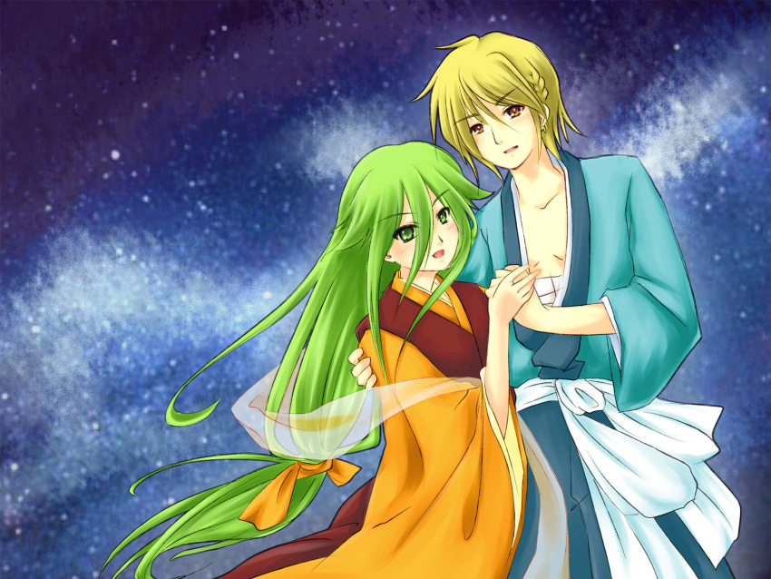 1boy blonde_hair chinese_clothes commentary_request cosplay couple female green_eyes green_hair hagoromo hanfu highres hikoboshi johan long_hair orange_eyes orihime_(tanabata) pheles piku shakugan_no_shana shawl short_hair space straight tanabata