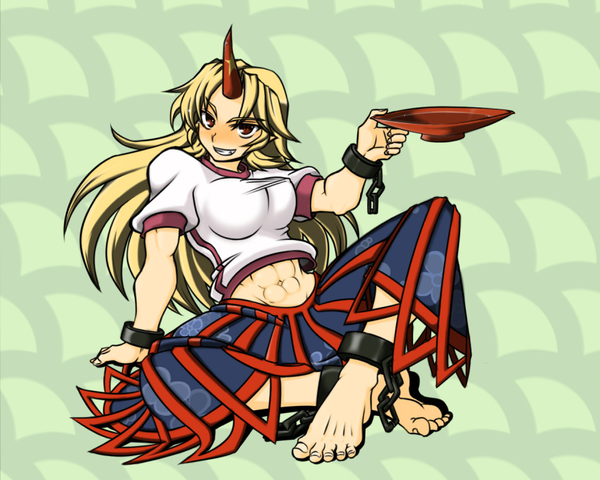 alcohol barefoot blonde_hair commentary_request cuffs cup feet female grin horns hoshiguma_yuugi long_hair midriff muscular navel pointy_ears red_eyes sakazuki sake single_horn sitting smile solo touhou wabi_(wbsk)