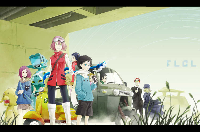 4boys 4girls amarao autocycle bad_id bad_pixiv_id bass_guitar buster-kun canti everyone feline flcl gloves goggles goggles_on_head haruhara_haruko hat instrument kitsurubami letterboxed manabe_gaku masamune_masashi motor_vehicle multiple_boys multiple_girls nandaba_naota ninamori_eri photoshop_(medium) robot samejima_mamimi scarf scooter takkun_(flcl) the_pillows three-wheeler usi vespa