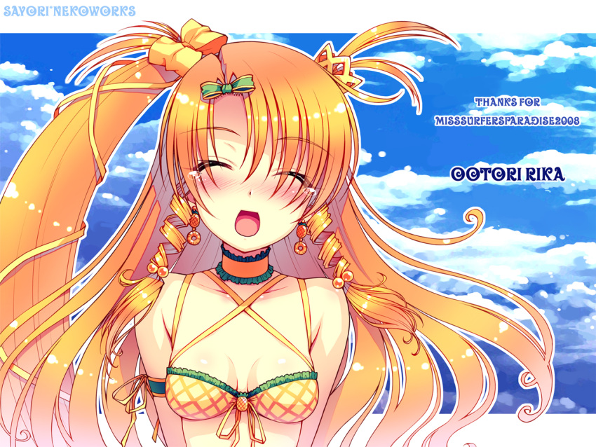 asymmetrical_hair bad_id bad_pixiv_id blonde_hair blush bow breasts choker cleavage closed_eyes cloud day earrings facing_viewer female food food-themed_earrings fruit gradient_hair hair_bobbles hair_ornament hair_ribbon hairbow happy jewelry long_hair medium_breasts miss_surfersparadise multicolored_hair ootori_rika orange_hair original photoshop_(medium) pineapple pineapple_earrings ponytail ribbon ringlets sayori_(neko_works) sidelocks sky solo tears two_side_up upper_body