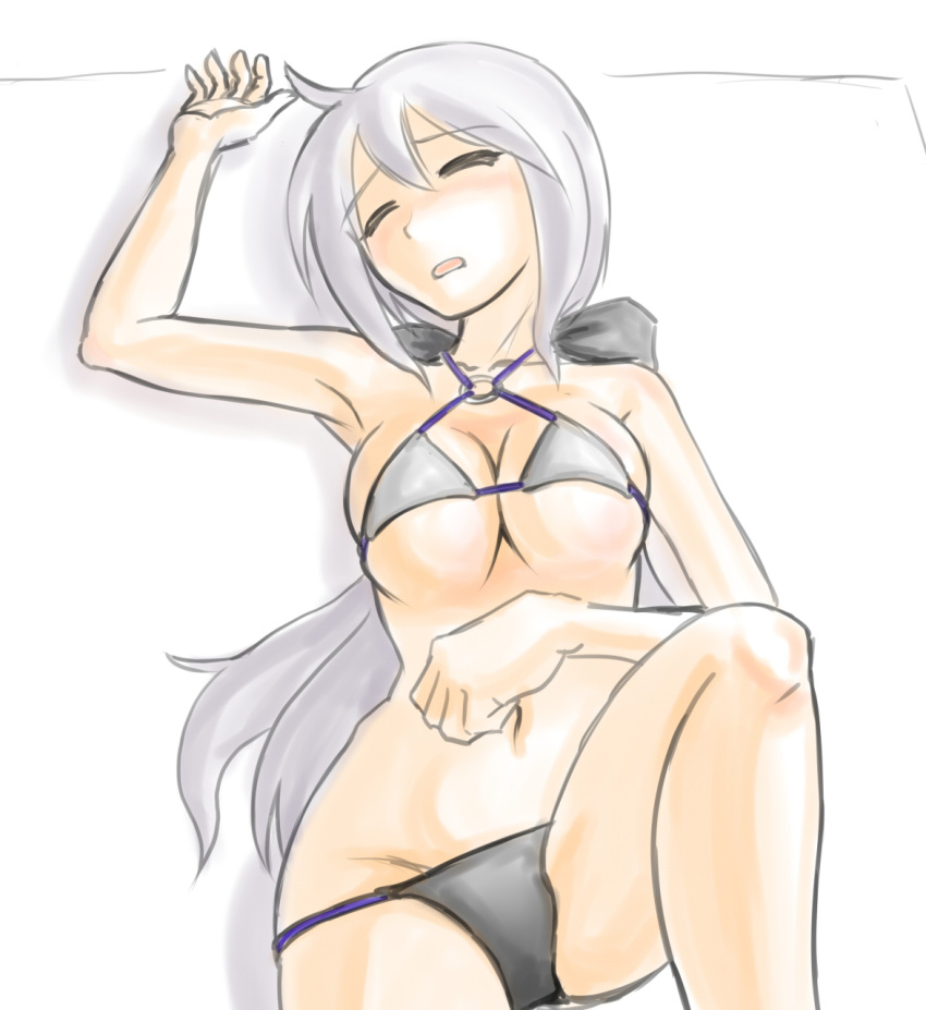 adder ahoge bikini bow breasts cleavage closed_eyes commentary_request female grey_hair hair_ribbon highres large_breasts long_hair lying navel on_back ponytail ribbon simple_background solo striped_bow swimsuit very_long_hair vocaloid white_background yowane_haku