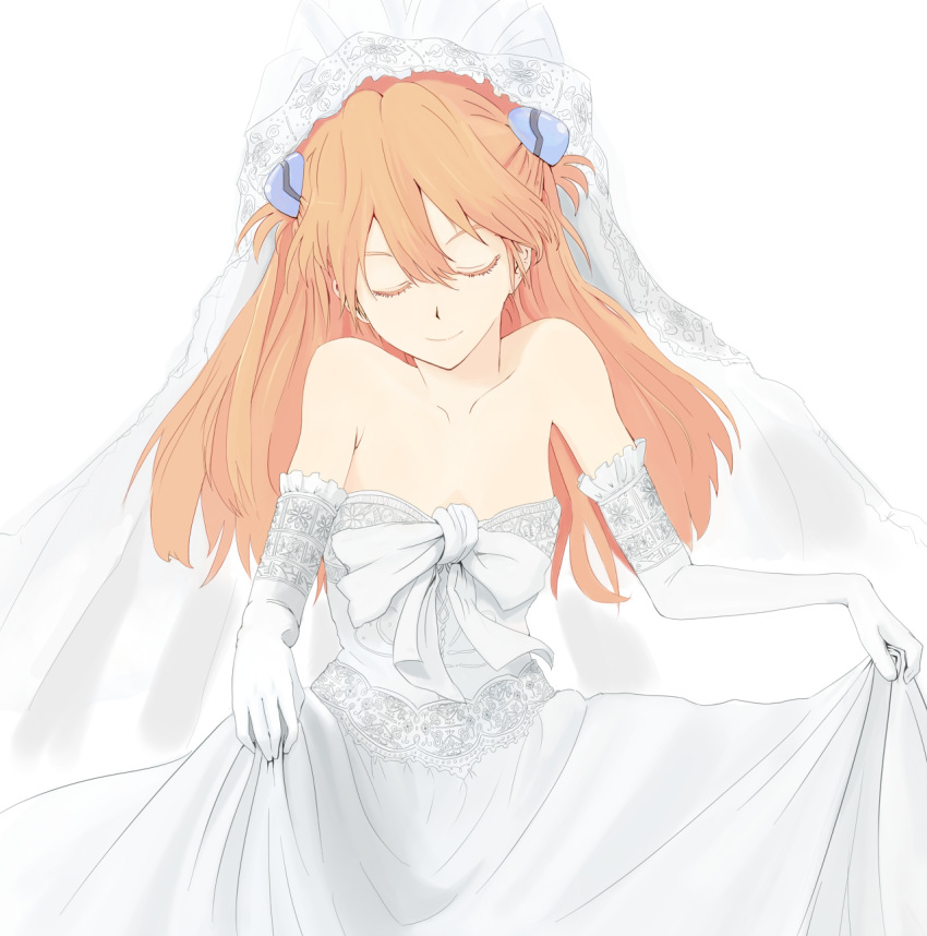 bare_shoulders bridal_veil bride closed_eyes commentary_request dress elbow_gloves female gloves highres long_hair neon_genesis_evangelion red_hair smile solo souryuu_asuka_langley veil wedding_dress white_dress yammy_(cellblo)