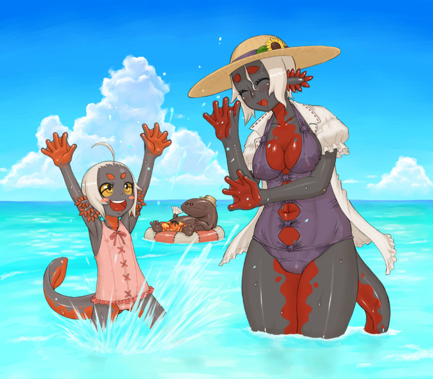 1boy 2girls age_difference axolotl beach breasts casual_one-piece_swimsuit cleavage colored_skin commentary_request day flat_chest giant_salamander grey_skin hat hellbender innertube jon_henry_nam large_breasts lolicon monster_girl mother_and_daughter multiple_girls one-piece_swimsuit outdoors pixiv_forest salamander straw_hat swim_ring swimsuit tail white_hair yellow_eyes