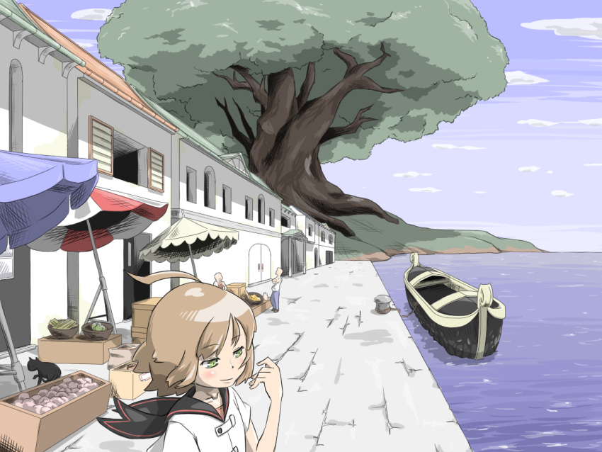 brown_hair commentary_request feline female gondola green_eyes medic_(sekaiju) medic_2_(sekaiju) nemakichi outdoors scenery sekaiju_no_meikyuu sekaiju_no_meikyuu_1 town tree water