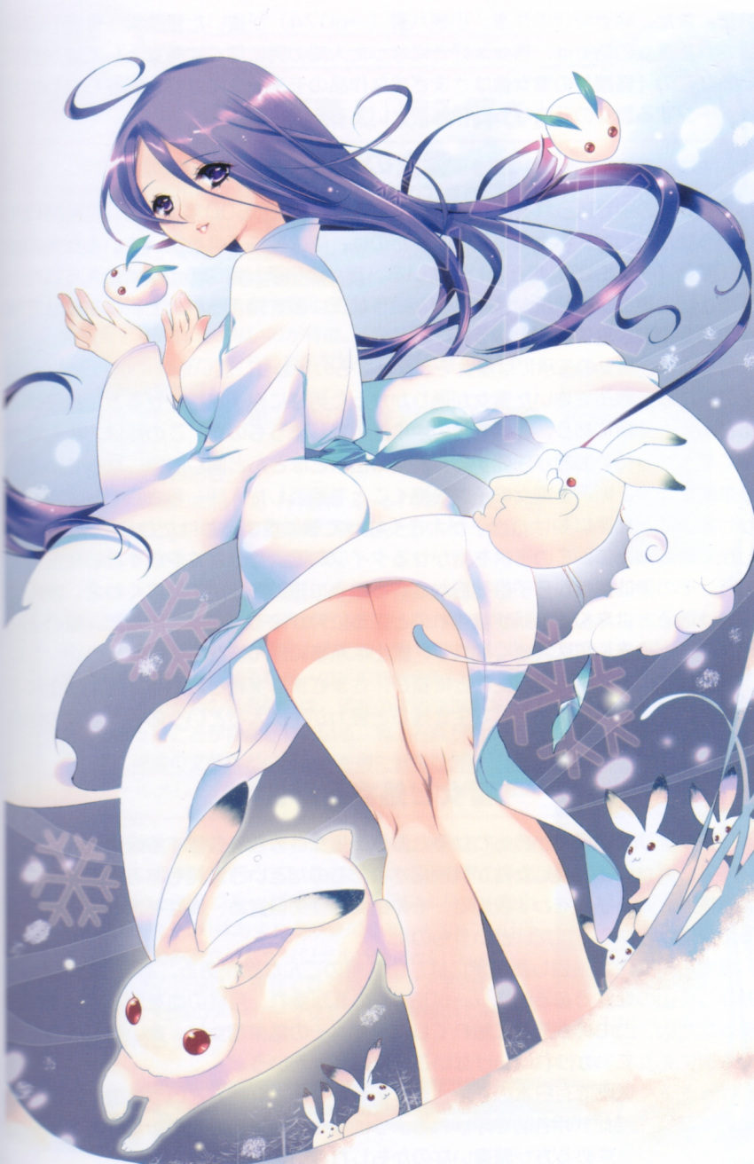 888 female food highres japanese_clothes leaf legs mochi original purple_eyes purple_hair rabbit snow snow_rabbit solo wagashi