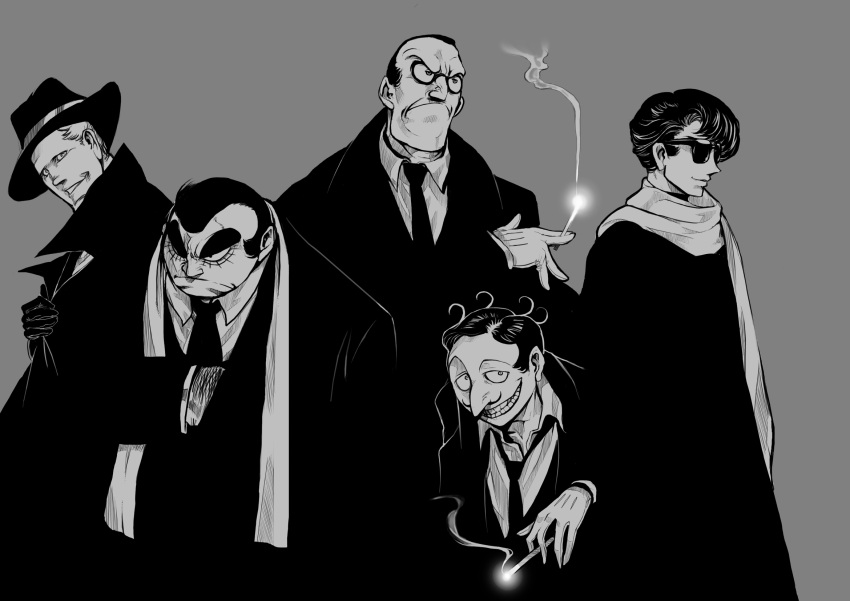 5boys acetylene_lamp bad_id bad_pixiv_id between_fingers black_jack_(series) cigarette closed_mouth clothes_grab coat collared_shirt cowlick fedora formal frown gloves grey_background greyscale grin ham_egg hat highres holding holding_cigarette kusai_skunk long_sleeves looking_at_viewer looking_away looking_to_the_side looking_up mafia male_focus marukubi_boon monochrome multiple_boys necktie parted_lips pointy_nose popped_collar profile rock_(tezuka_osamu) scarf shirt simple_background smile smirk smoke standing star_system stole suit sunglasses thick_eyebrows warainaku widow's_peak