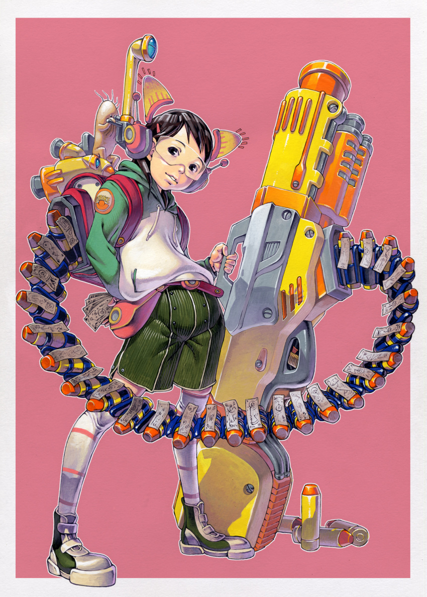 animal_ears cat_ears commentary_request dennou_coil female glasses gun hashimoto_fumie highres honzawa_yuuichirou hood hoodie huge_weapon kneehighs legs_apart metatag ofuda oyaji_(dennou_coil) photoshop_(medium) raglan_sleeves socks solo weapon