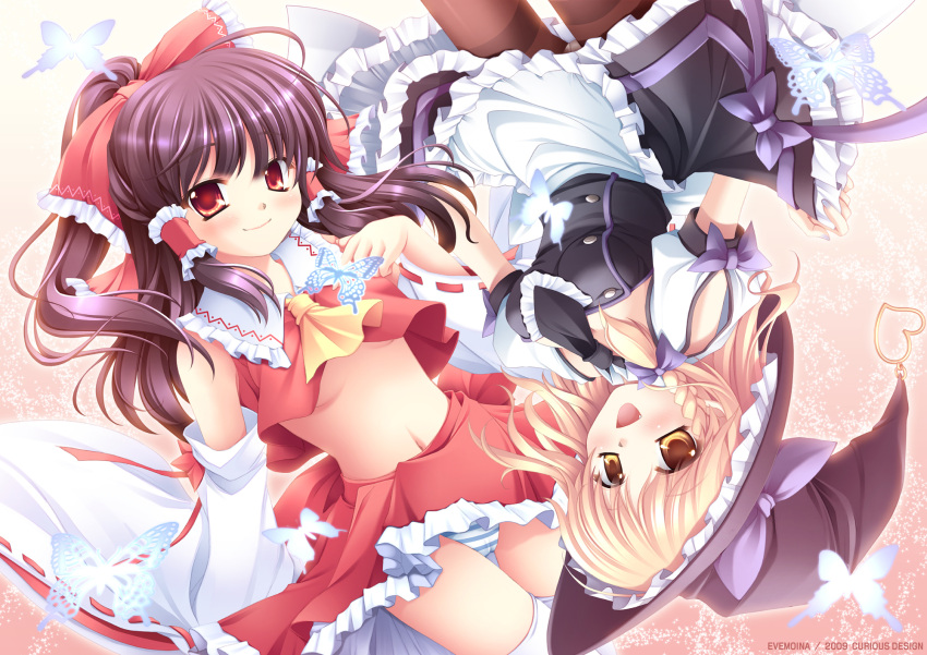 2girls blonde_hair bow braid brown_hair commentary_request detached_sleeves evemoina hakurei_reimu hat highres kirisame_marisa midriff multiple_girls navel panties pantyhose photoshop_(medium) red_eyes short_hair striped_clothes striped_panties thighhighs touhou underwear witch_hat yellow_eyes