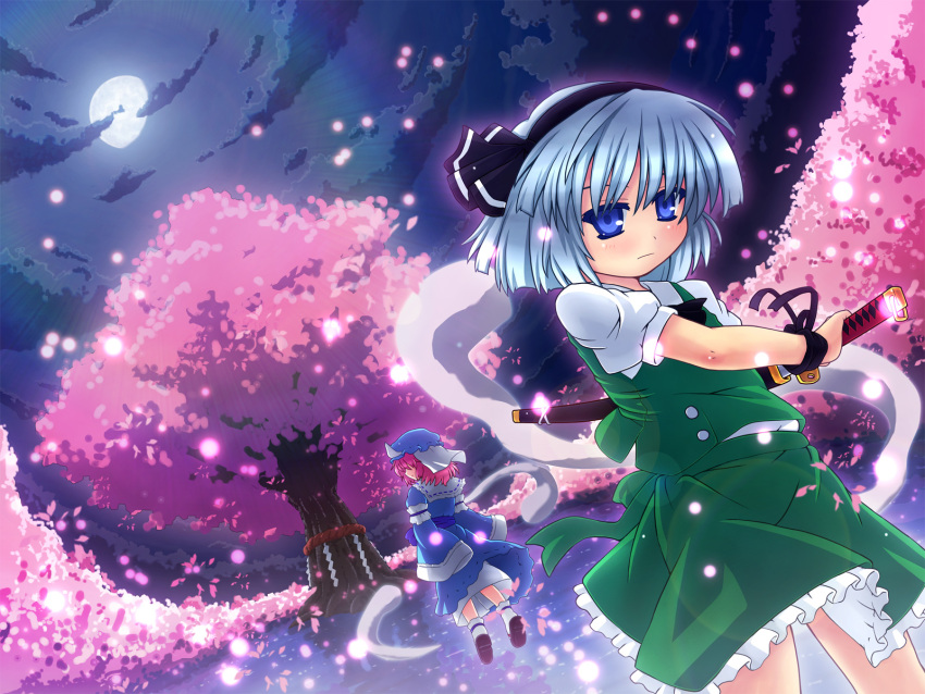 2girls blue_eyes cherry_blossoms etogami_kazuya floating full_moon ghost grey_hair hairband hat highres hitodama katana konpaku_youmu konpaku_youmu_(ghost) lens_flare moon moonlight multiple_girls night petals pink_hair reflection rope saigyou_ayakashi saigyouji_yuyuko shimenawa short_hair sword touhou water weapon