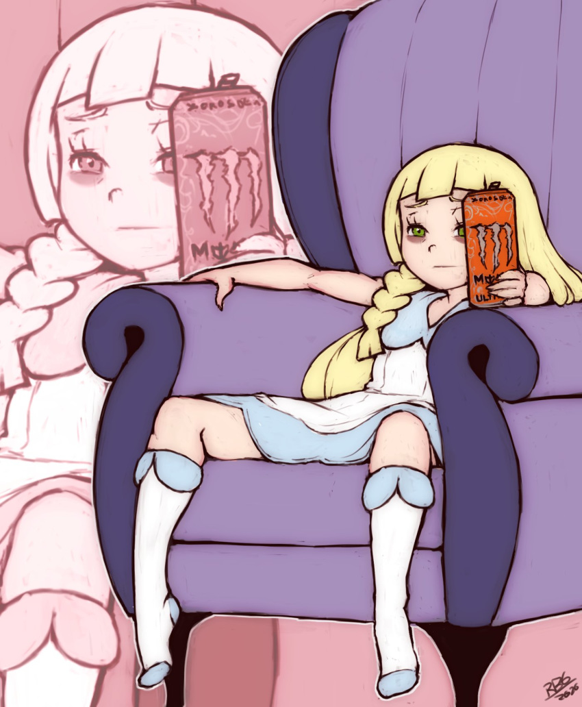 bags_under_eyes blonde_hair braid can closed_mouth commentary couch dress energy_drink english_commentary female green_eyes highres holding holding_can lillie_(pokemon) long_hair meme monster_energy multiple_views on_couch pokemon pokemon_sm randomboobguy redlettermedia rich_evans signature sitting socks spread_legs zoom_layer