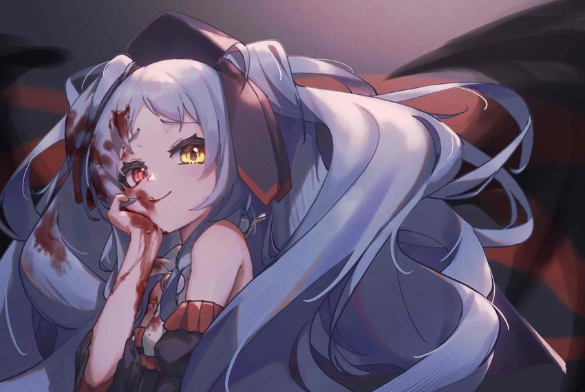 black_ribbon blood blood_in_hair blood_on_clothes blood_on_face blood_on_hands blue_hair chucolala enfer_mirei female hair_ribbon hand_on_own_cheek hand_on_own_face heterochromia highres licking_lips long_hair mosou_keito pale_skin red_eyes ribbon solo tongue tongue_out twintails virtual_youtuber yellow_eyes