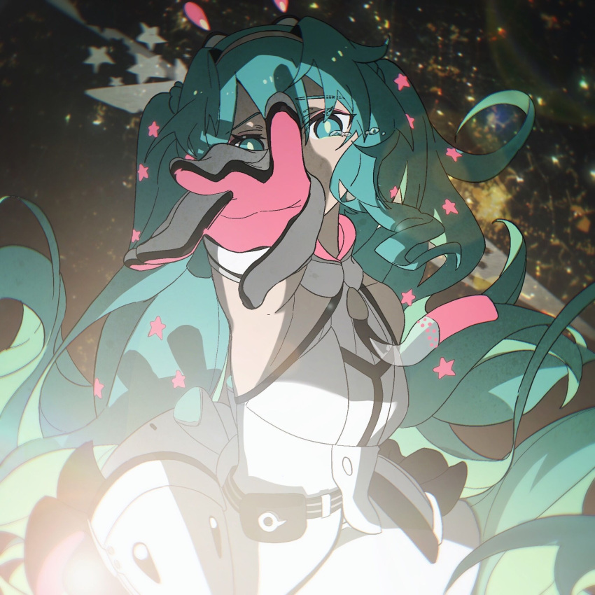 alternate_hairstyle aqua_eyes aqua_hair bare_shoulders collared_dress commentary cowboy_shot dress english_commentary female foreshortening galaxy_live_(vocaloid) gloves hair_between_eyes hairband hatsune_miku highres konya_karasue lonely_universe_(vocaloid) long_hair looking_at_viewer multicolored_clothes multicolored_gloves outstretched_arm reaching reaching_towards_viewer solo standing star_(symbol) tears vocaloid white_dress