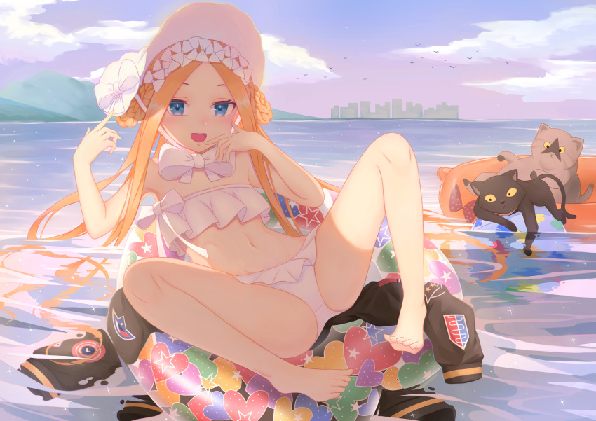 :d abigail_williams_(fate) abigail_williams_(swimsuit_foreigner)_(fate) abigail_williams_(swimsuit_foreigner)_(third_ascension)_(fate) absurdres bare_shoulders barefoot bikini black_cat black_jacket blonde_hair blue_eyes blue_sky blush bonnet bow breasts cloud commentary day fat123 fate/grand_order fate_(series) feline female forehead highres innertube jacket legs long_hair looking_at_viewer lying multiple_bows navel ocean on_back open_mouth outdoors parted_bangs photoshop_(medium) sidelocks sky small_breasts smile solo sparkle spread_legs swim_ring swimsuit water white_bikini white_bow white_headwear