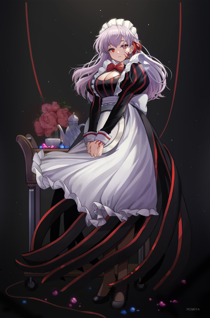 alternate_costume apron black_dress body_markings bow bowtie breasts cleavage cleavage_cutout clothing_cutout cup dark_sakura dress enmaided fate/stay_night fate_(series) female full_body heaven's_feel high_heels highres juliet_sleeves large_breasts long_hair long_sleeves looking_at_viewer maid maid_headdress matou_sakura puffy_sleeves red_eyes romiya solo striped_clothes striped_dress teacup teapot tray vertical-striped_clothes vertical-striped_dress waist_apron white_apron white_hair