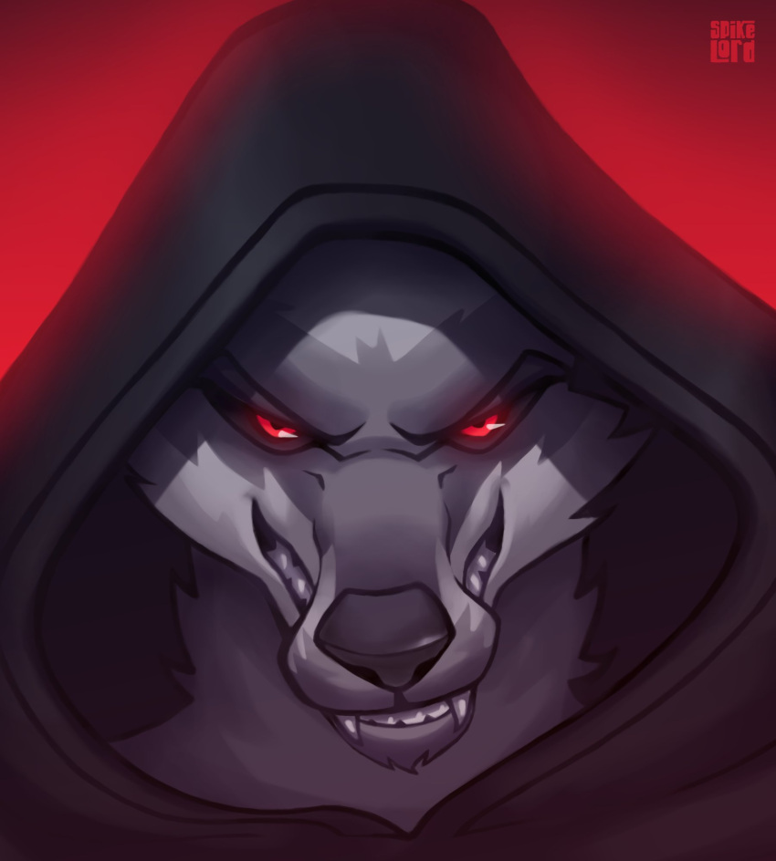 anthro black_hood black_sclera bust_portrait canid canine canis death_(puss_in_boots) dreamworks evil_grin fangs flaviomodezto fur furrowed_brow glowing glowing_background glowing_eyes grey_body grey_fur grin hi_res looking_at_viewer male mammal narrowed_eyes portrait puss_in_boots_(dreamworks) red_background red_eyes sharp_teeth simple_background sinister_smile smile smiling_at_viewer solo teeth wolf