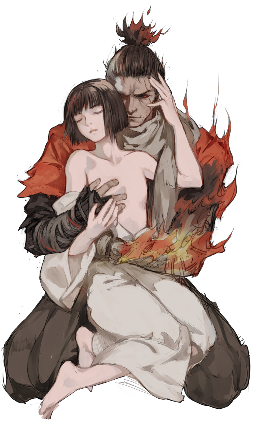 2boys androgynous bandaged_arm bandages bare_shoulders barefoot black_hair black_pants black_sclera black_shirt blunt_bangs bob_cut closed_eyes closed_mouth coat collarbone colored_sclera commentary_request feet fiery_hair fire full_body grey_hair grey_scarf hand_on_another's_face highres hug japanese_clothes kimono kuro_the_divine_heir looking_at_viewer male_focus multiple_boys off_shoulder orange_coat pale_skin pants pleated_pants prosthesis prosthetic_arm red_eyes scarf sekiro sekiro:_shadows_die_twice shirt short_hair simple_background sitting sitting_on_lap sitting_on_person toes topknot vetania wariza white_background white_kimono yaoi