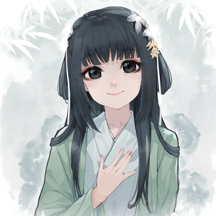 black_eyes black_hair blunt_bangs closed_mouth duijin_ruqun female floral_background flower hair_flower hair_ornament hair_rings hand_on_own_chest hand_up highres japanese_clothes kimono long_hair open_clothes original revision smile solo white_flower white_kimono white_ph