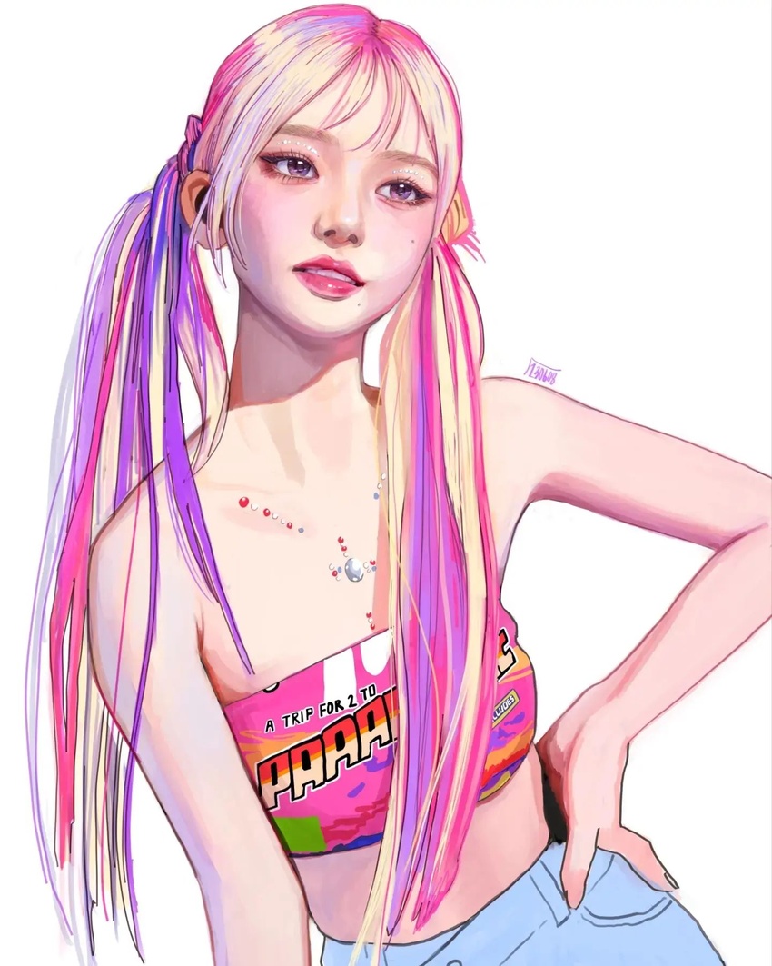 aespa artist_name bare_shoulders blonde_hair blue_shorts collarbone crop_top female hair_behind_ear hand_on_own_hip head_tilt highres jewelry k-pop karina_(aespa) korean_commentary leaning_to_the_side long_hair low_twintails making-of_available mmmagli mole mole_under_eye mole_under_mouth multicolored_hair necklace parted_lips pink_hair pink_tube_top purple_eyes purple_hair real_life realistic shorts solo spicy_(aespa) strapless streaked_hair tube_top twintails upper_body very_long_hair white_background