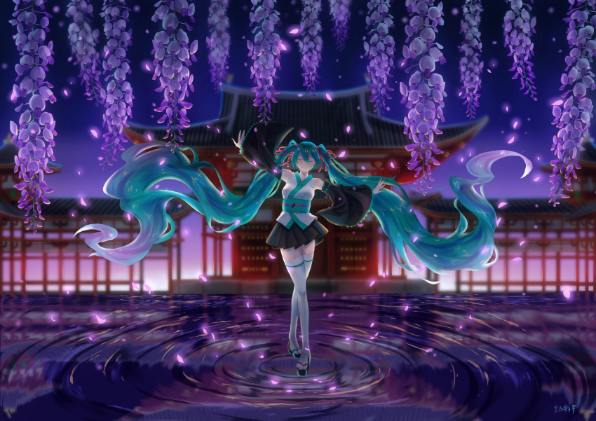 absurdres aqua_hair black_skirt closed_eyes closed_mouth commentary dancing detached_sleeves evening falling_petals female flower full_body hair_ribbon hatsune_miku highres japanese_clothes kimono kurono_hyouka long_hair obi petals pleated_skirt red_ribbon ribbon sandals sash short_kimono shrine signature skirt solo standing standing_on_liquid thighhighs twintails very_long_hair vocaloid water white_thighhighs wide_sleeves wisteria zouri