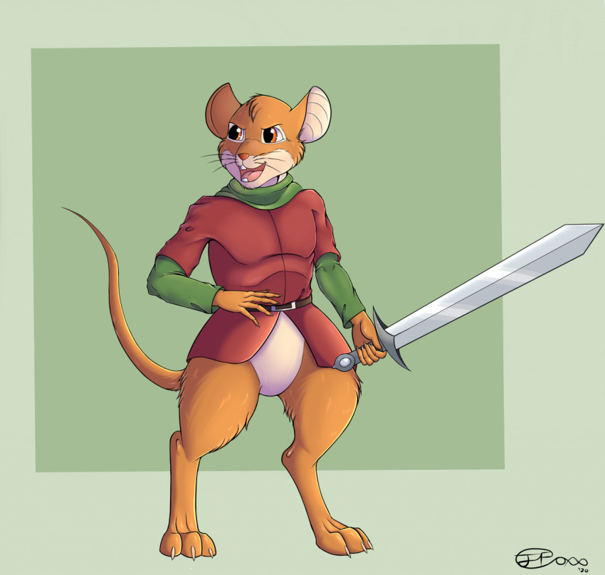 2021 anthro belt bottomless bottomless_anthro bottomless_male buckteeth claws clothed clothing featureless_crotch fur hi_res holding_melee_weapon holding_object holding_sword holding_weapon jimfoxx looking_away male mammal matthias_(redwall) melee_weapon mouse murid murine open_mouth raised_tail redwall rodent shirt signature solo standing sword tail teeth tiptoes toe_claws tongue topwear tunic weapon whiskers