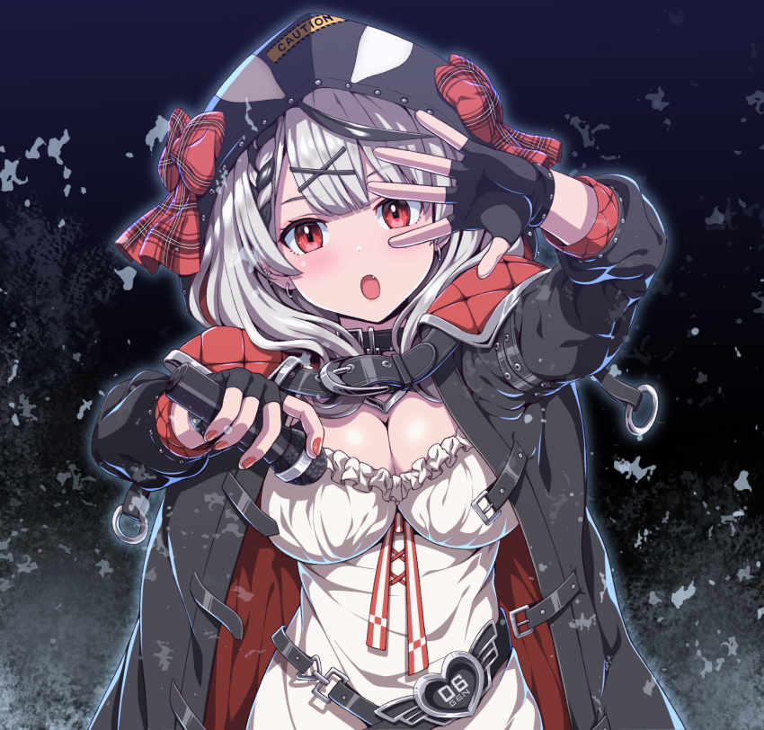 animal_hood black_collar black_hair bow breasts camisole cleavage collar female fingerless_gloves frilled_camisole frills gloves grey_hair highres holding holding_microphone hololive hood hood_up horarezonu large_breasts microphone multicolored_hair orca_hood plaid plaid_bow plaid_skirt red_eyes sakamata_chloe sakamata_chloe_(1st_costume) skirt solo streaked_hair virtual_youtuber white_camisole white_hair